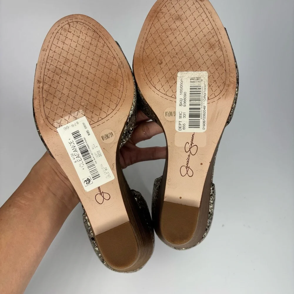 SH2 Jessica Simpson Cervena‎ Shimmery Snake Print Gold Wedge Party Sandals 8.5M